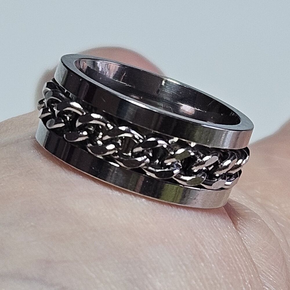 Stainless Steel Ring Size 5.5 Silver Color Curb Chain Spinner Band Unisex Ring